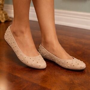 NWOT Schutz Studded Spiked Tan Nubuck Leather Ballet Flats US Size 9 B